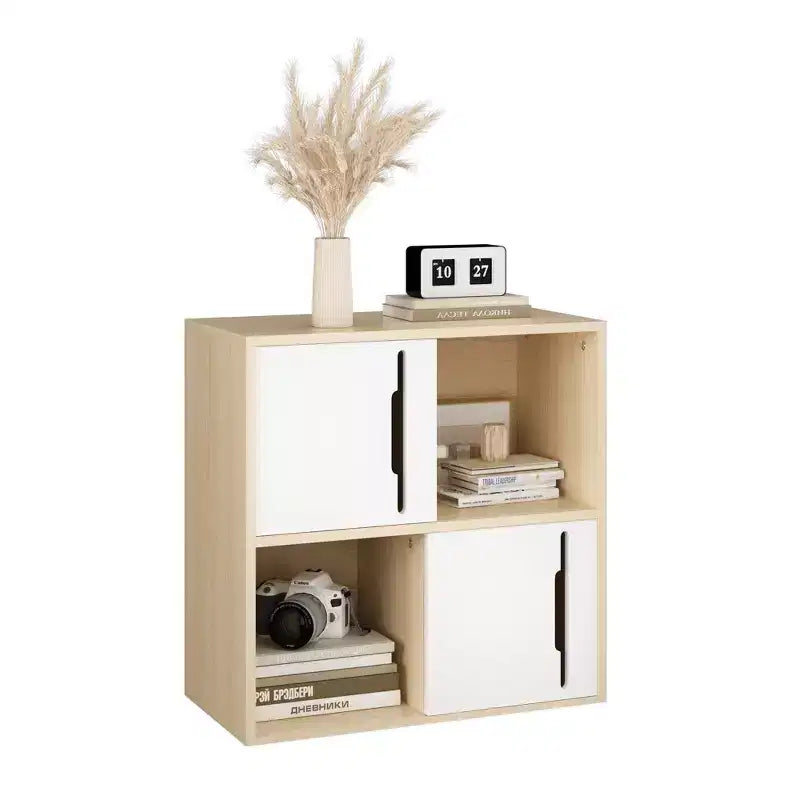 Credenza Contenitore Mobile Buffet Mobile Accento con Ante Scorrevoli, Organizer a 2 Livelli con Ripiani Aperti e Chiusi, Naturale+Bianco - ModernLuxe