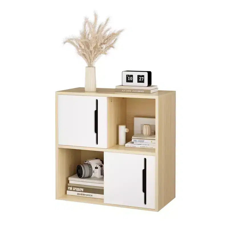 Credenza Contenitore Mobile Buffet Mobile Accento con Ante Scorrevoli, Organizer a 2 Livelli con Ripiani Aperti e Chiusi, Naturale+Bianco - ModernLuxe
