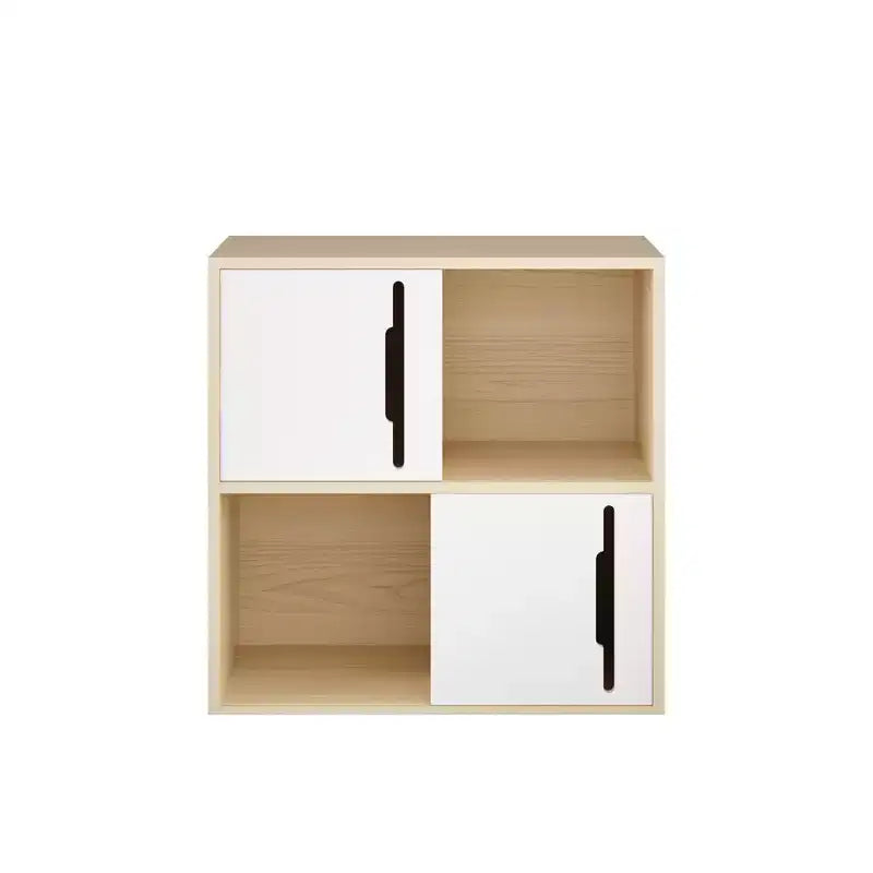 Credenza Contenitore Mobile Buffet Mobile Accento con Ante Scorrevoli, Organizer a 2 Livelli con Ripiani Aperti e Chiusi, Naturale+Bianco - ModernLuxe