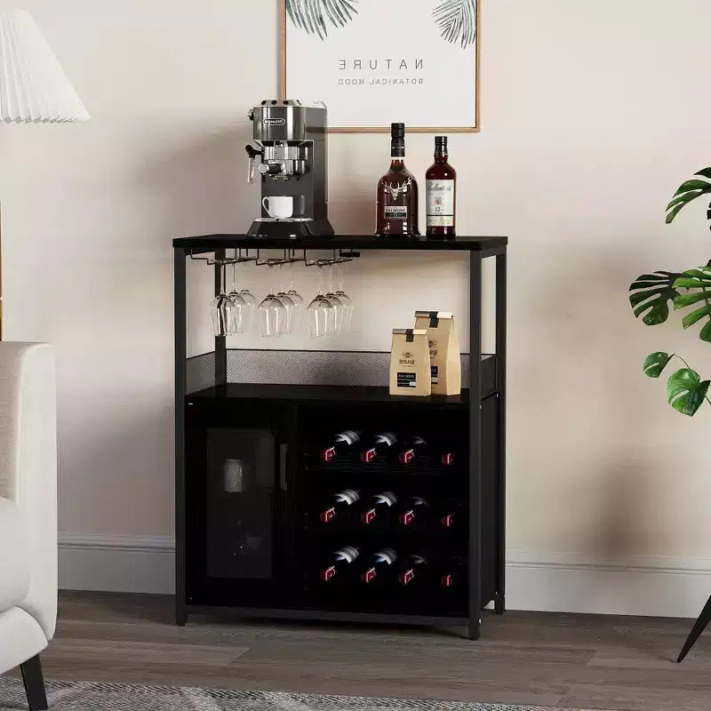 Mobile Bar a 3 Livelli con Portabottiglie e Porta Bicchieri Regolabili, Credenza Moderna con Ante Chiudibili a Chiave