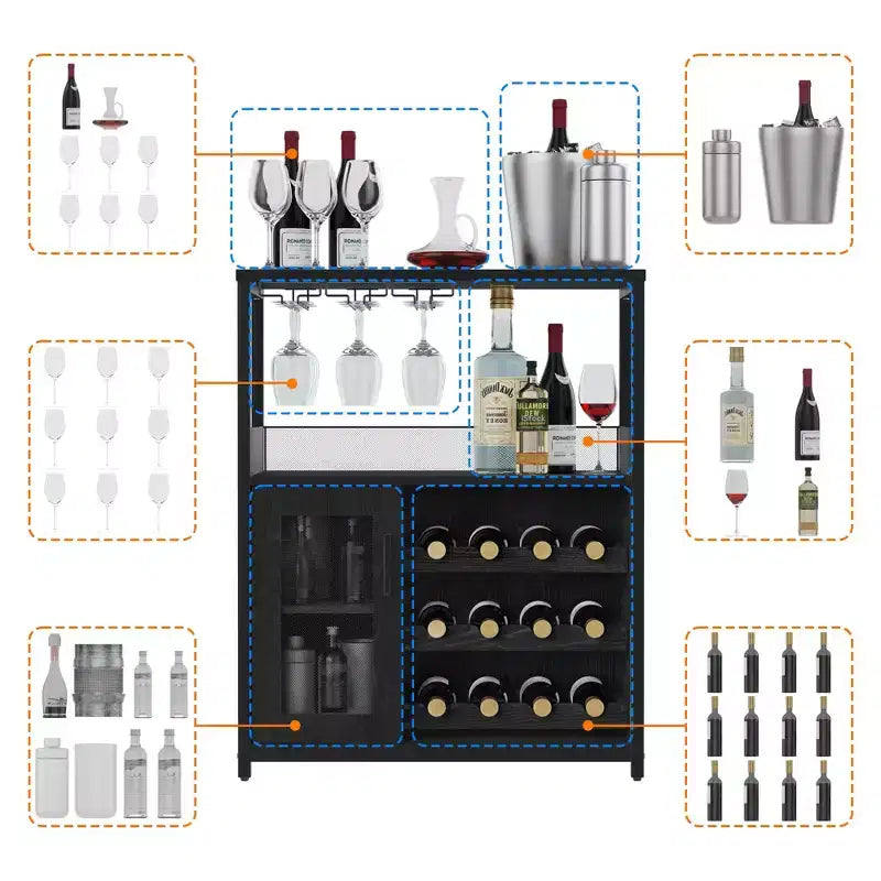 Mobile Bar a 3 Livelli con Portabottiglie e Porta Bicchieri Regolabili, Credenza Moderna con Ante Chiudibili a Chiave