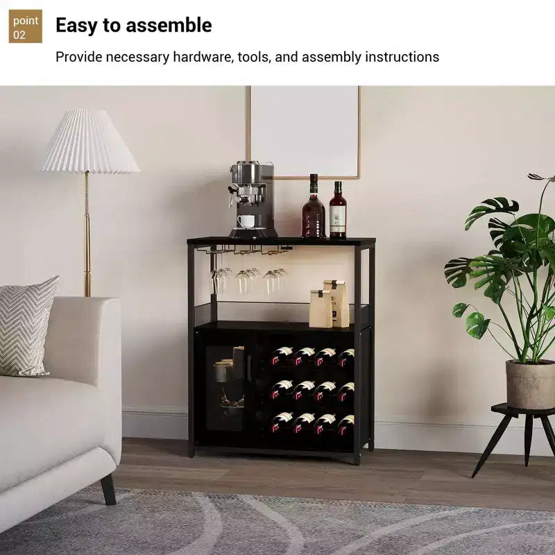 Mobile Bar a 3 Livelli con Portabottiglie e Porta Bicchieri Regolabili, Credenza Moderna con Ante Chiudibili a Chiave