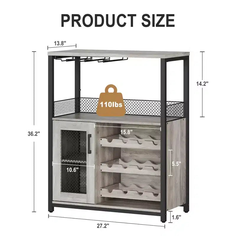 Mobile Bar a 3 Livelli con Portabottiglie e Porta Bicchieri Regolabili, Credenza Moderna con Ante Chiudibili a Chiave