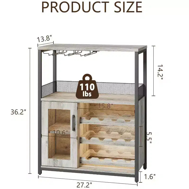 Mobile Bar a 3 Livelli con Portabottiglie e Porta Bicchieri Regolabili, Credenza Moderna con Ante Chiudibili a Chiave