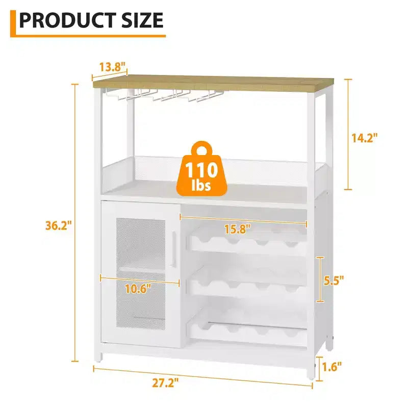Mobile Bar a 3 Livelli con Portabottiglie e Porta Bicchieri Regolabili, Credenza Moderna con Ante Chiudibili a Chiave