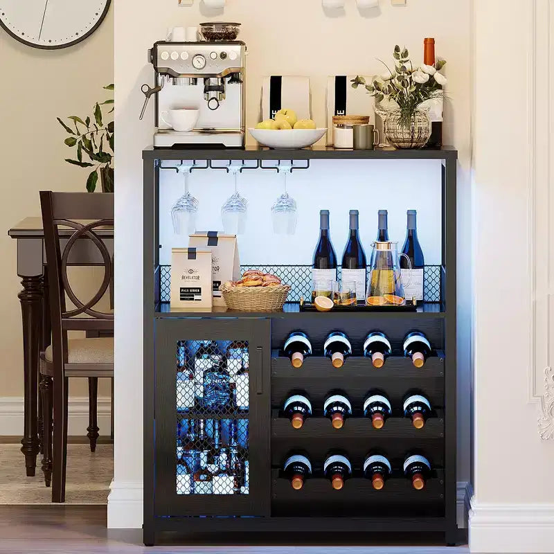 Mobile Bar a 3 Livelli con Portabottiglie e Porta Bicchieri Regolabili, Credenza Moderna con Ante Chiudibili a Chiave