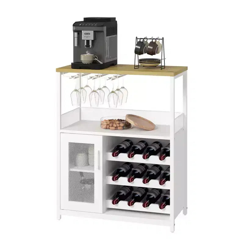 Mobile Bar a 3 Livelli con Portabottiglie e Porta Bicchieri Regolabili, Credenza Moderna con Ante Chiudibili a Chiave