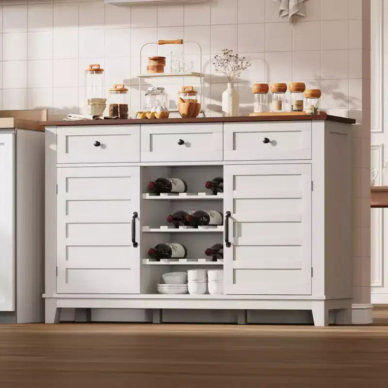 53.5 in Farmhouse Buffet Cabinet with Storage, Storage Cabinet with 3 Drawer, Reversible Wine Rack, Farmhouse Sideboard with Adjustable Shelf