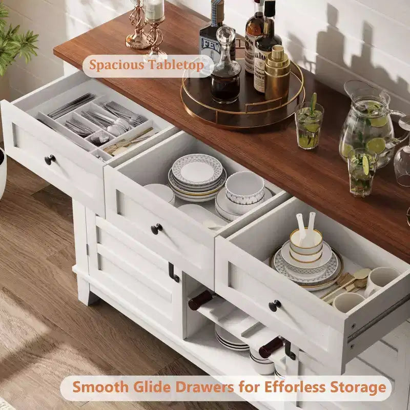 Mobile Buffet da Fattoria da 53.5 pollici con Contenitore, Mobile Contenitore con 3 Cassetti, Portabottiglie Reversibile, Credenza da Fattoria con Ripiano Regolabile
