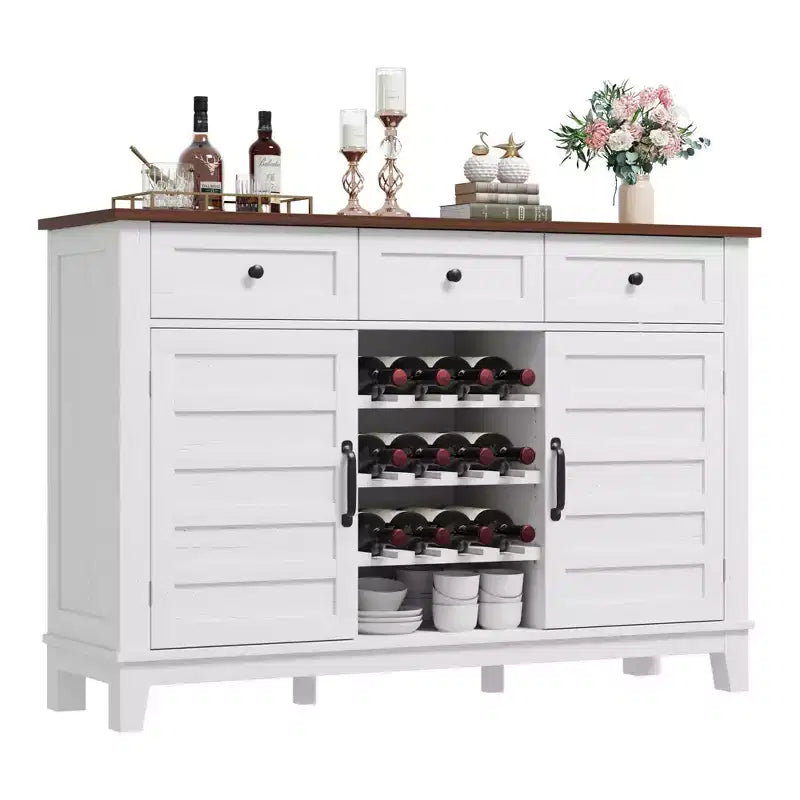 Mobile Buffet da Fattoria da 53.5 pollici con Contenitore, Mobile Contenitore con 3 Cassetti, Portabottiglie Reversibile, Credenza da Fattoria con Ripiano Regolabile