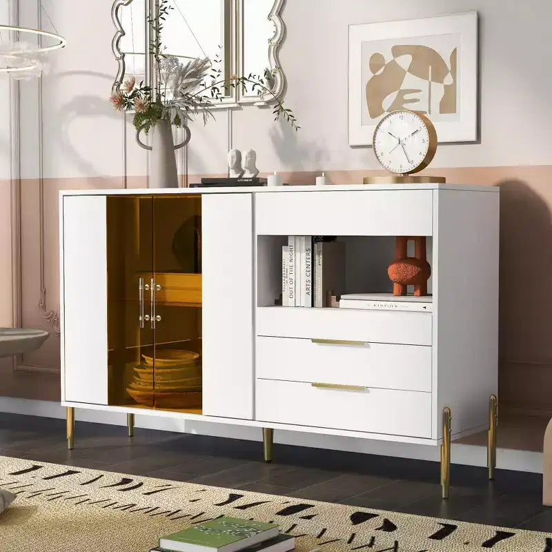 CuisinSmart Mobile Credenza con Cassetti e Ante in Acrilico, Ripiani Regolabili, Mobile Contenitore Moderno per Sala da Pranzo, Soggiorno, Cucina