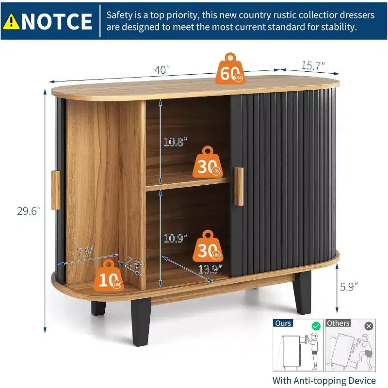 Bahut cannelé avec porte coulissante, Buffet moderne avec étagère réglable pour le rangement multi-pièces, Design épuré