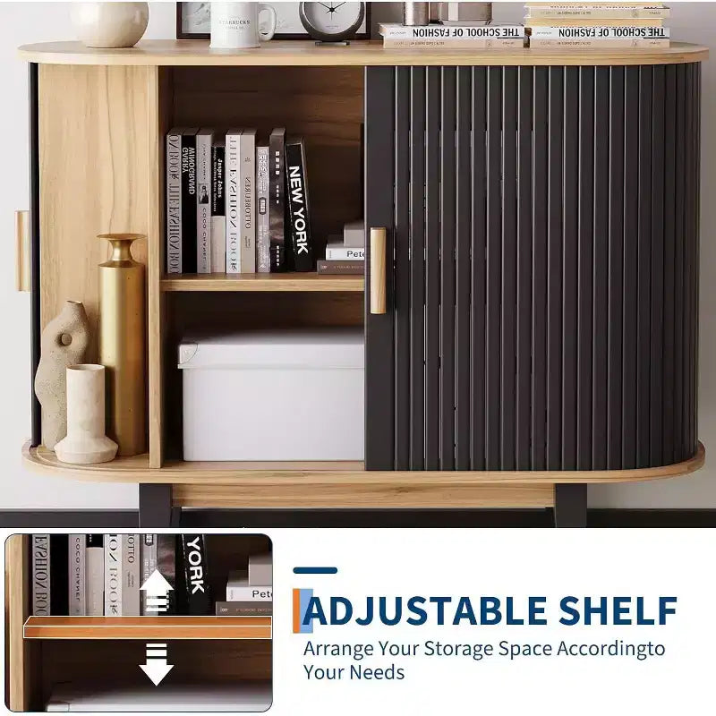 Bahut cannelé avec porte coulissante, Buffet moderne avec étagère réglable pour le rangement multi-pièces, Design épuré