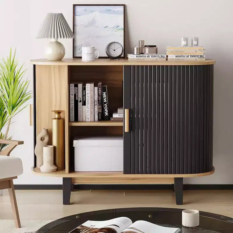 Bahut cannelé avec porte coulissante, Buffet moderne avec étagère réglable pour le rangement multi-pièces, Design épuré