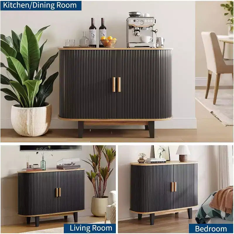 Bahut cannelé avec porte coulissante, Buffet moderne avec étagère réglable pour le rangement multi-pièces, Design épuré