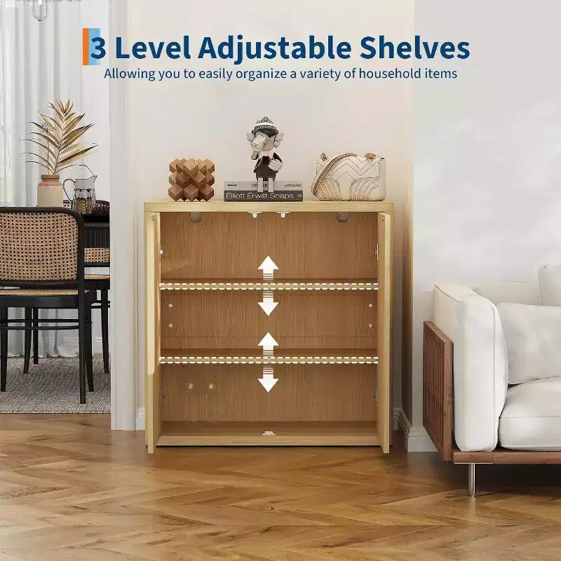Credenza a 2 livelli con ante doppie scanalate, Madia moderna con ripiani regolabili per riporre oggetti in sala da pranzo e risparmiare spazio, Naturale