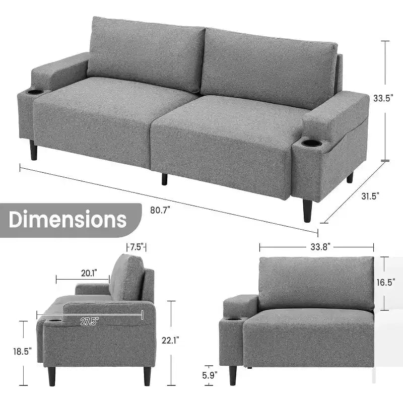 Divanetto Acekool 81 Comfort, 3 posti con portabicchieri e tasche portaoggetti, Cuscini profondi per soggiorno, camera da letto