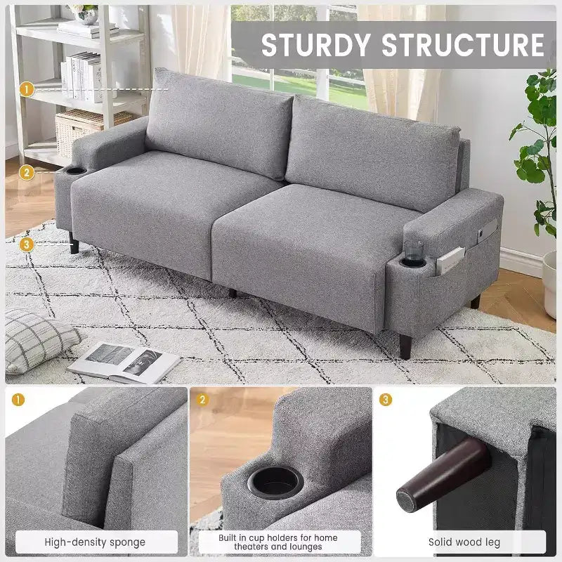 Divanetto Acekool 81 Comfort, 3 posti con portabicchieri e tasche portaoggetti, Cuscini profondi per soggiorno, camera da letto