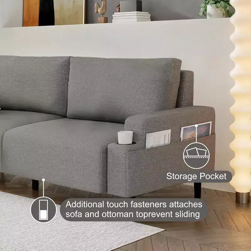 Divanetto Acekool 81 Comfort, 3 posti con portabicchieri e tasche portaoggetti, Cuscini profondi per soggiorno, camera da letto