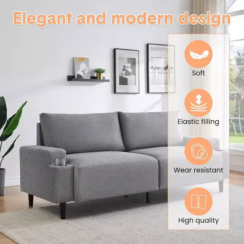 Divanetto Acekool 81 Comfort, 3 posti con portabicchieri e tasche portaoggetti, Cuscini profondi per soggiorno, camera da letto