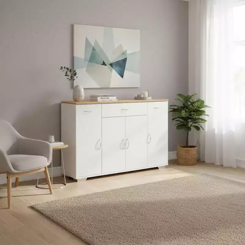 FurnitureR Modern Farmhouse Sideboard Buffet Storage Cabinet, Wooden Coffee Buffet Table with Drawer and Shelves, 43.3 Barn Doors Storage Cabinet
