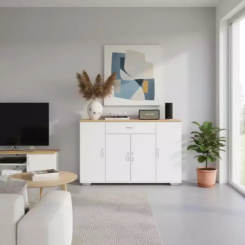 Mobile Credenza Modern Farmhouse FurnitureR, Tavolino da Caffè in Legno con Cassetto e Ripiani, Armadietto Contenitore con Ante a Stalla da 43,3 Pollici