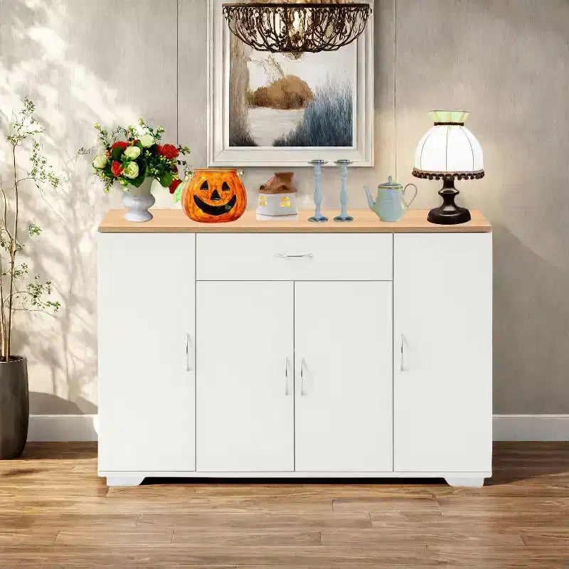 Mobile Credenza Modern Farmhouse FurnitureR, Tavolino da Caffè in Legno con Cassetto e Ripiani, Armadietto Contenitore con Ante a Stalla da 43,3 Pollici