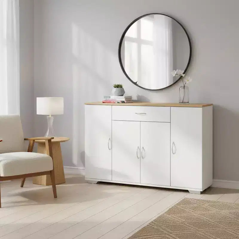 Mobile Credenza Modern Farmhouse FurnitureR, Tavolino da Caffè in Legno con Cassetto e Ripiani, Armadietto Contenitore con Ante a Stalla da 43,3 Pollici