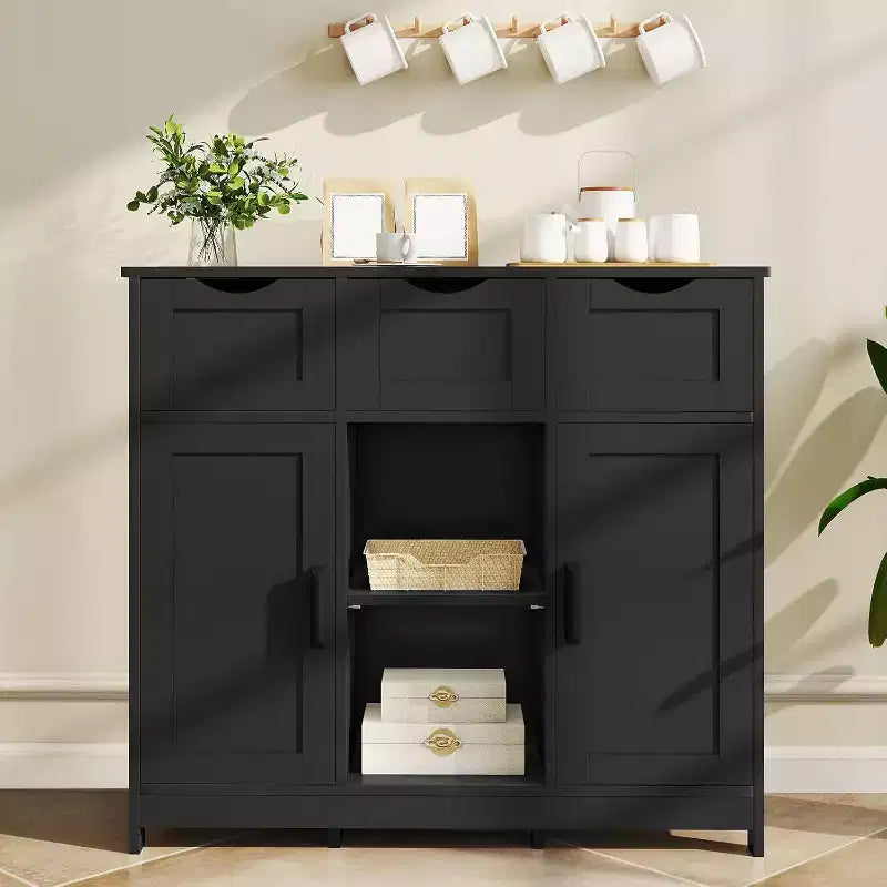 Zevemomo Modern Farmhouse Sideboard Buffet Cabinet with Drawer & Adjustable Shelf, Kitchen Storage & Coffee Bar Cabinet for Dining Room, Black