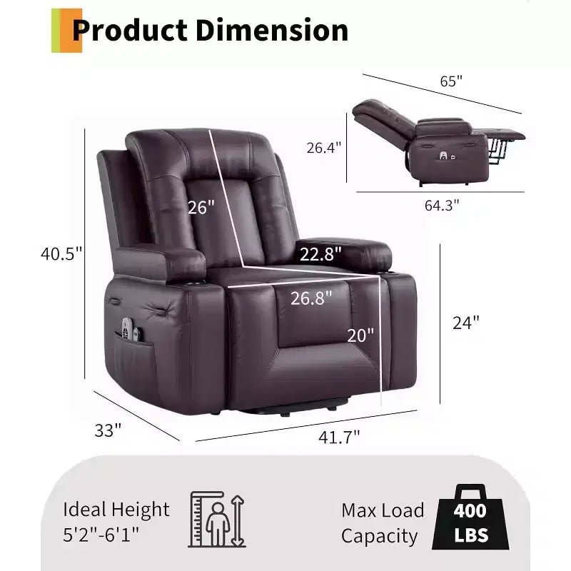Fauteuil inclinable électrique avec massage et chauffage – Fauteuil lève-personne en cuir PU réglable et robuste pour personnes âgées et à mobilité réduite