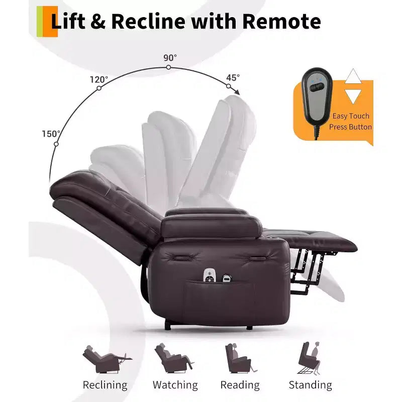 Fauteuil inclinable électrique avec massage et chauffage – Fauteuil lève-personne en cuir PU réglable et robuste pour personnes âgées et à mobilité réduite
