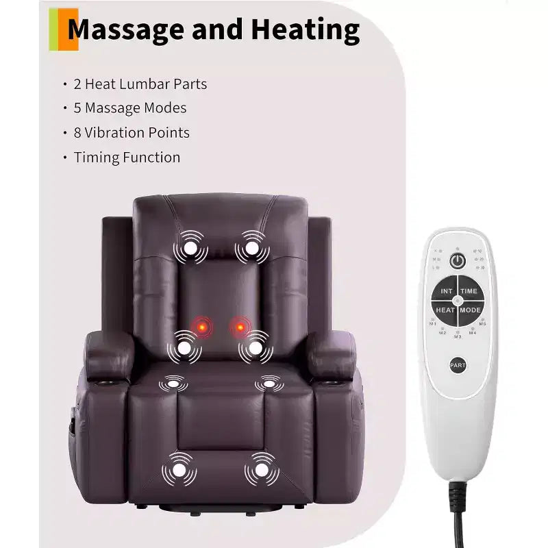 Fauteuil inclinable électrique avec massage et chauffage – Fauteuil lève-personne en cuir PU réglable et robuste pour personnes âgées et à mobilité réduite