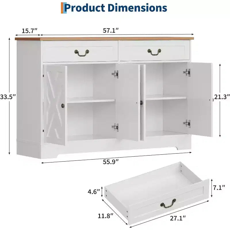 Credenza/mobile buffet in stile coloniale moderno da 57 pollici con 2 cassetti e ripiani regolabili, grande mobile contenitore da cucina, organizer da caffetteria