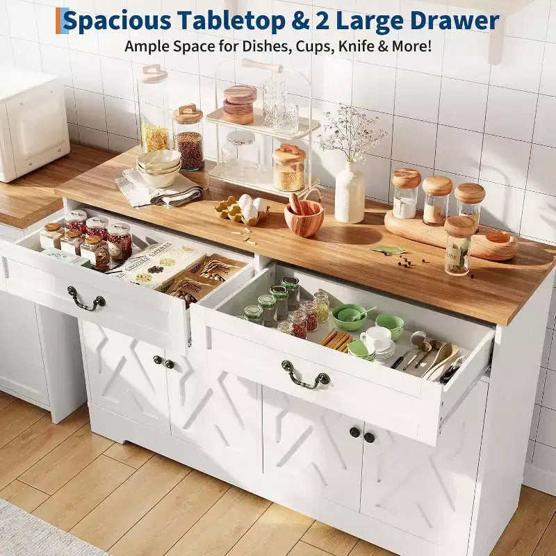 Credenza/mobile buffet in stile coloniale moderno da 57 pollici con 2 cassetti e ripiani regolabili, grande mobile contenitore da cucina, organizer da caffetteria