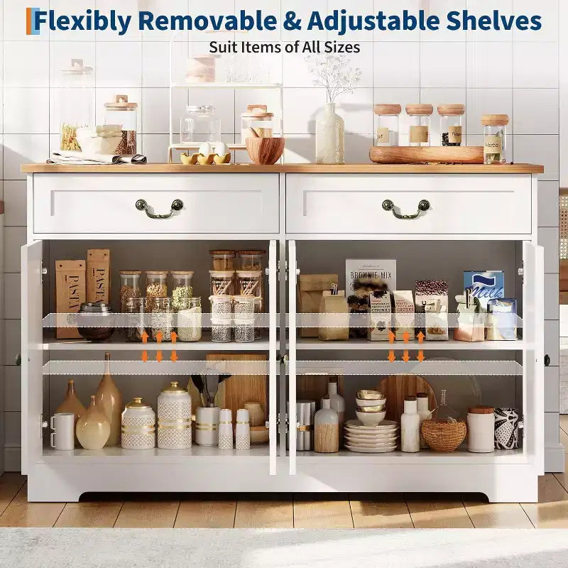 Credenza/mobile buffet in stile coloniale moderno da 57 pollici con 2 cassetti e ripiani regolabili, grande mobile contenitore da cucina, organizer da caffetteria