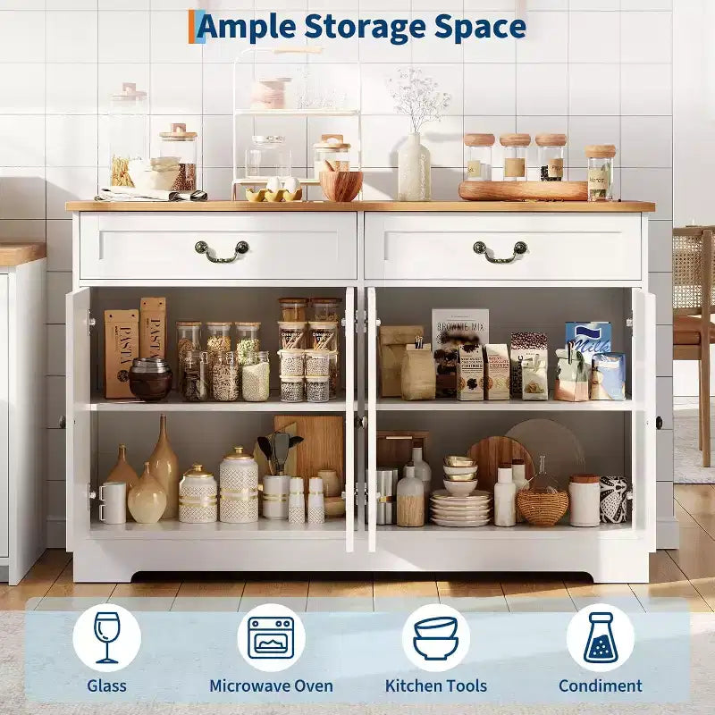 Credenza/mobile buffet in stile coloniale moderno da 57 pollici con 2 cassetti e ripiani regolabili, grande mobile contenitore da cucina, organizer da caffetteria