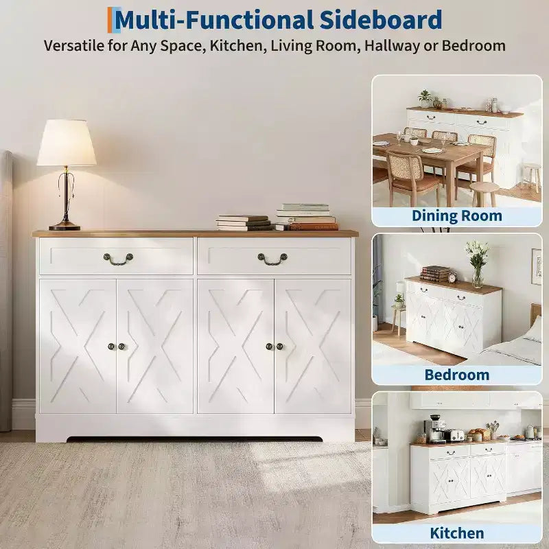 Credenza/mobile buffet in stile coloniale moderno da 57 pollici con 2 cassetti e ripiani regolabili, grande mobile contenitore da cucina, organizer da caffetteria