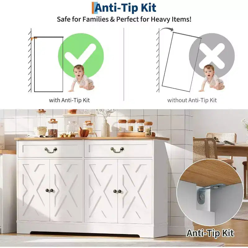 Credenza/mobile buffet in stile coloniale moderno da 57 pollici con 2 cassetti e ripiani regolabili, grande mobile contenitore da cucina, organizer da caffetteria