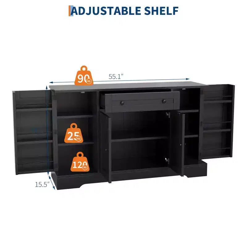 Mobile credenza buffet, 55", in legno, con ripiani regolabili, adibito a coffee station, credenza console, armadietto a pavimento per cucina e soggiorno