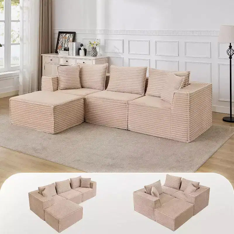Divano Sezionale Modulare Cloud con Pouf, Divano in Velluto a Coste Senza Montaggio, Divano a Seduta Profonda a U/L per Piccoli Spazi, 4 Colori e Configurazioni