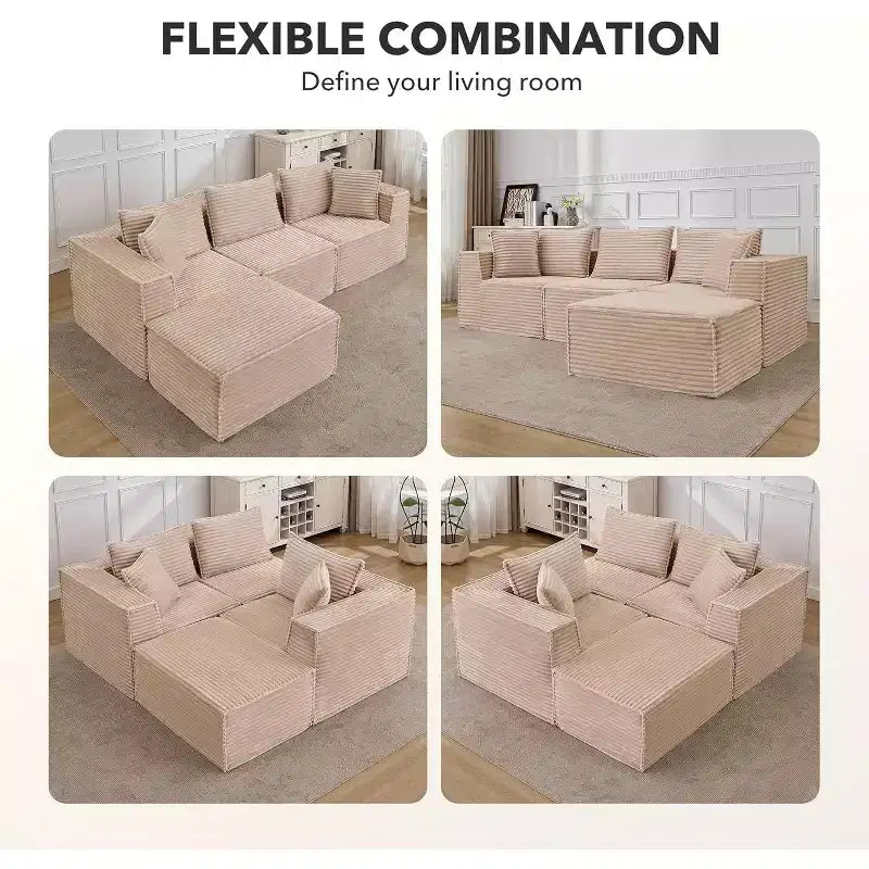Divano Sezionale Modulare Cloud con Pouf, Divano in Velluto a Coste Senza Montaggio, Divano a Seduta Profonda a U/L per Piccoli Spazi, 4 Colori e Configurazioni