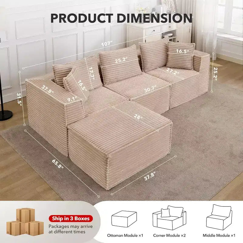 Divano Sezionale Modulare Cloud con Pouf, Divano in Velluto a Coste Senza Montaggio, Divano a Seduta Profonda a U/L per Piccoli Spazi, 4 Colori e Configurazioni