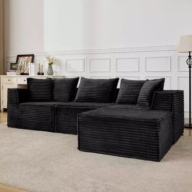 Divano Sezionale Modulare Cloud con Pouf, Divano in Velluto a Coste Senza Montaggio, Divano a Seduta Profonda a U/L per Piccoli Spazi, 4 Colori e Configurazioni