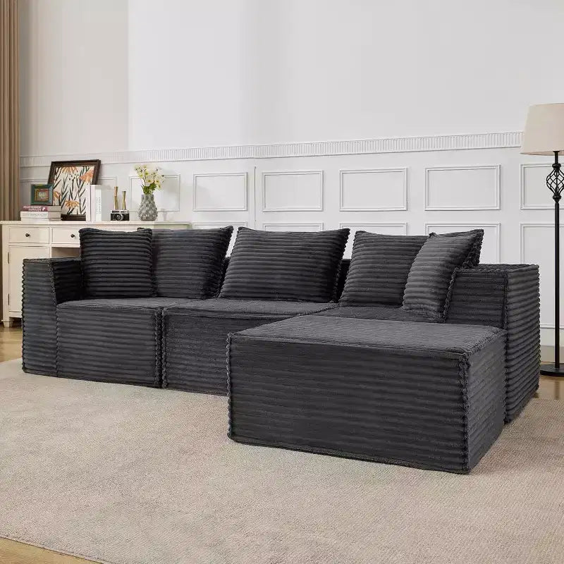 Divano Sezionale Modulare Cloud con Pouf, Divano in Velluto a Coste Senza Montaggio, Divano a Seduta Profonda a U/L per Piccoli Spazi, 4 Colori e Configurazioni