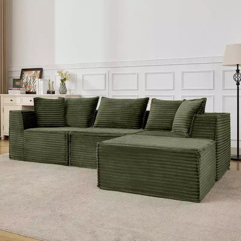 Divano Sezionale Modulare Cloud con Pouf, Divano in Velluto a Coste Senza Montaggio, Divano a Seduta Profonda a U/L per Piccoli Spazi, 4 Colori e Configurazioni