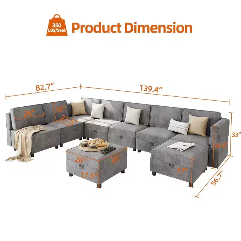 139.4 Divano sezionale reversibile in ciniglia, divano sezionale modulare a 9 posti, divano letto con chaise longue