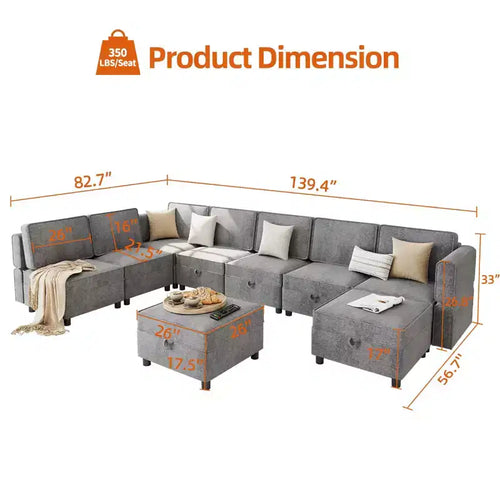 139.4 Divano sezionale reversibile in ciniglia, divano sezionale modulare a 9 posti, divano letto con chaise longue