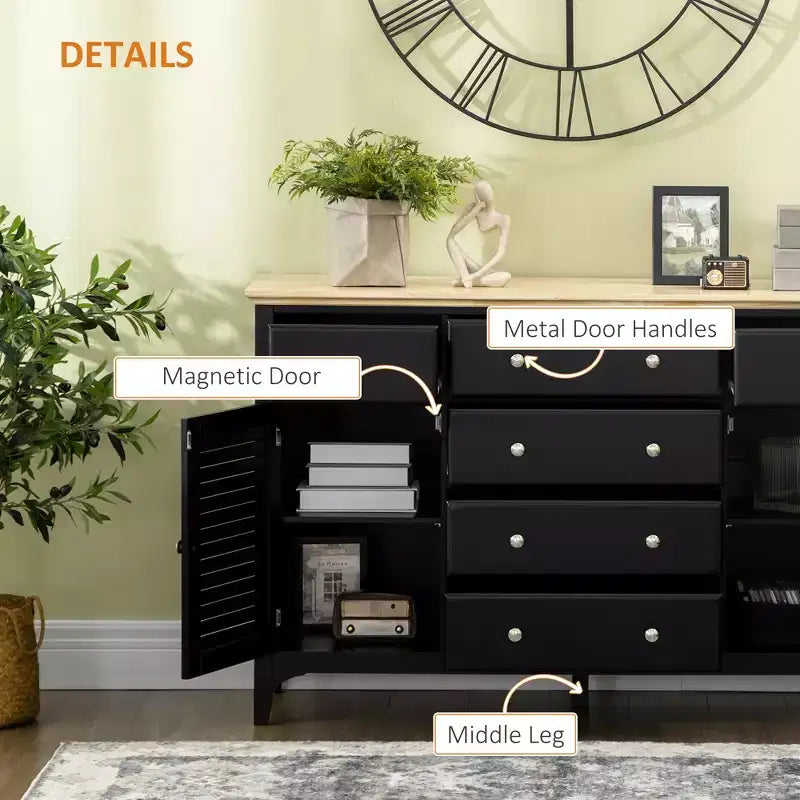 Credenza a Buffet con Cassetti, Piano in Legno di Gomma e Ripiani Regolabili, Mobile da Cucina, Mobile Bar per Caffè