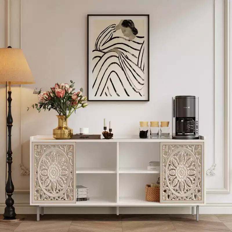 Mobiletto accentato invecchiato fatto a mano, struttura in legno di abete con dettagli intagliati, tavolo console multiuso, credenza e mobiletto contenitore per il soggiorno