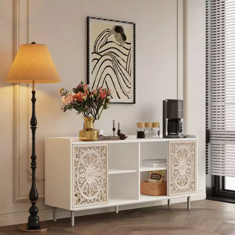 Mobiletto accentato invecchiato fatto a mano, struttura in legno di abete con dettagli intagliati, tavolo console multiuso, credenza e mobiletto contenitore per il soggiorno